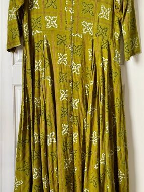 Vintage Bandhani Cotton Maxi Dress M Green Block Print India Boho Prairie
